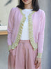 Pink Contrast Trim Ruffle Button Pearl Accent Knit Cardigan