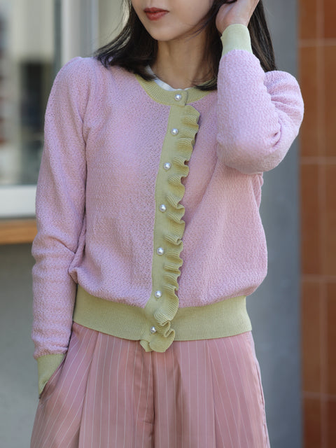 Pink Contrast Trim Ruffle Button Pearl Accent Knit Cardigan