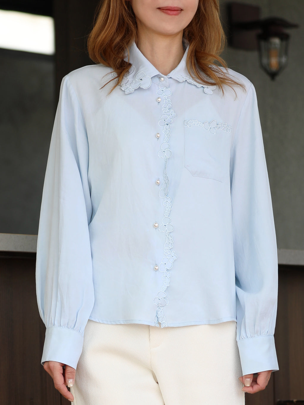 Baby Blue Floral Embroidered Pearl Button Washed Denim Shirt