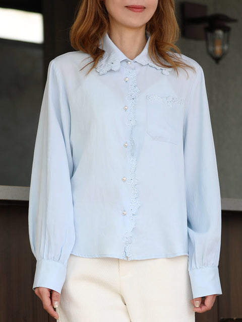 Baby Blue Floral Embroidered Pearl Button Washed Denim Shirt
