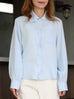 Baby Blue Floral Embroidered Pearl Button Washed Denim Shirt