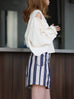 Coastal Blue Stripe Contrast Piped Pure Linen Tailored Shorts