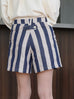 Coastal Blue Stripe Contrast Piped Pure Linen Tailored Shorts