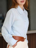 Baby Blue Floral Embroidered Pearl Button Washed Denim Shirt