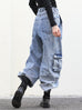 Washed Blue Utility Pocket Wide-Leg Denim Cargo Trousers