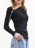 Black Asymmetric Pearl Button Cutout Cotton Ribbed Top