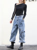 Washed Blue Utility Pocket Wide-Leg Denim Cargo Trousers