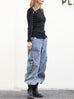 Washed Blue Utility Pocket Wide-Leg Denim Cargo Trousers