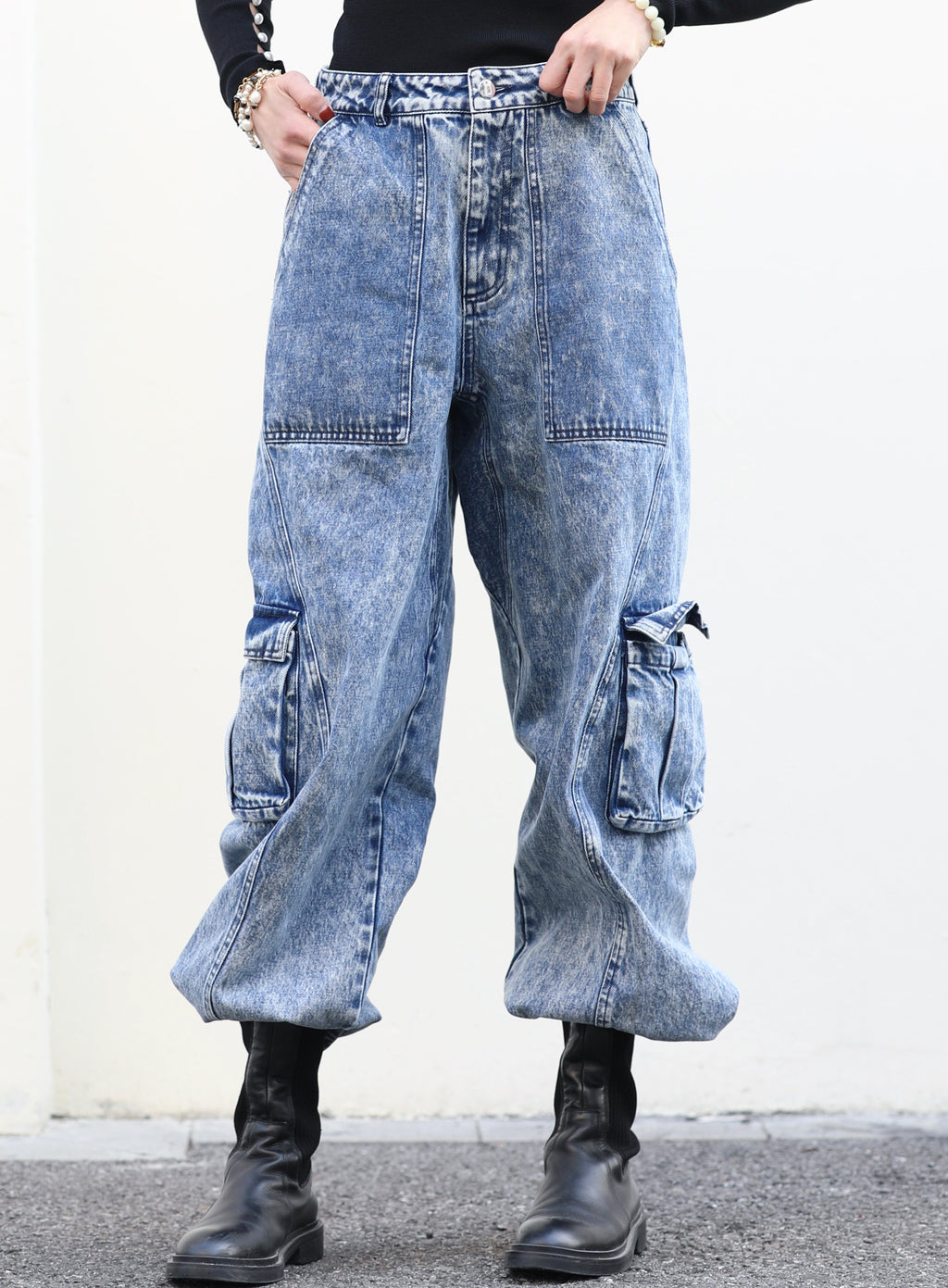Washed Blue Utility Pocket Wide-Leg Denim Cargo Trousers