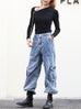 Washed Blue Utility Pocket Wide-Leg Denim Cargo Trousers