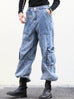 Washed Blue Utility Pocket Wide-Leg Denim Cargo Trousers