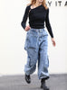 Washed Blue Utility Pocket Wide-Leg Denim Cargo Trousers