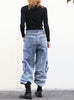 Washed Blue Utility Pocket Wide-Leg Denim Cargo Trousers