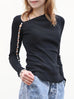 Black Asymmetric Pearl Button Cutout Cotton Ribbed Top