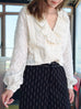 Embossed Floral Ruffle Collar Balloon Sleeve Wrappy Crop Blouse