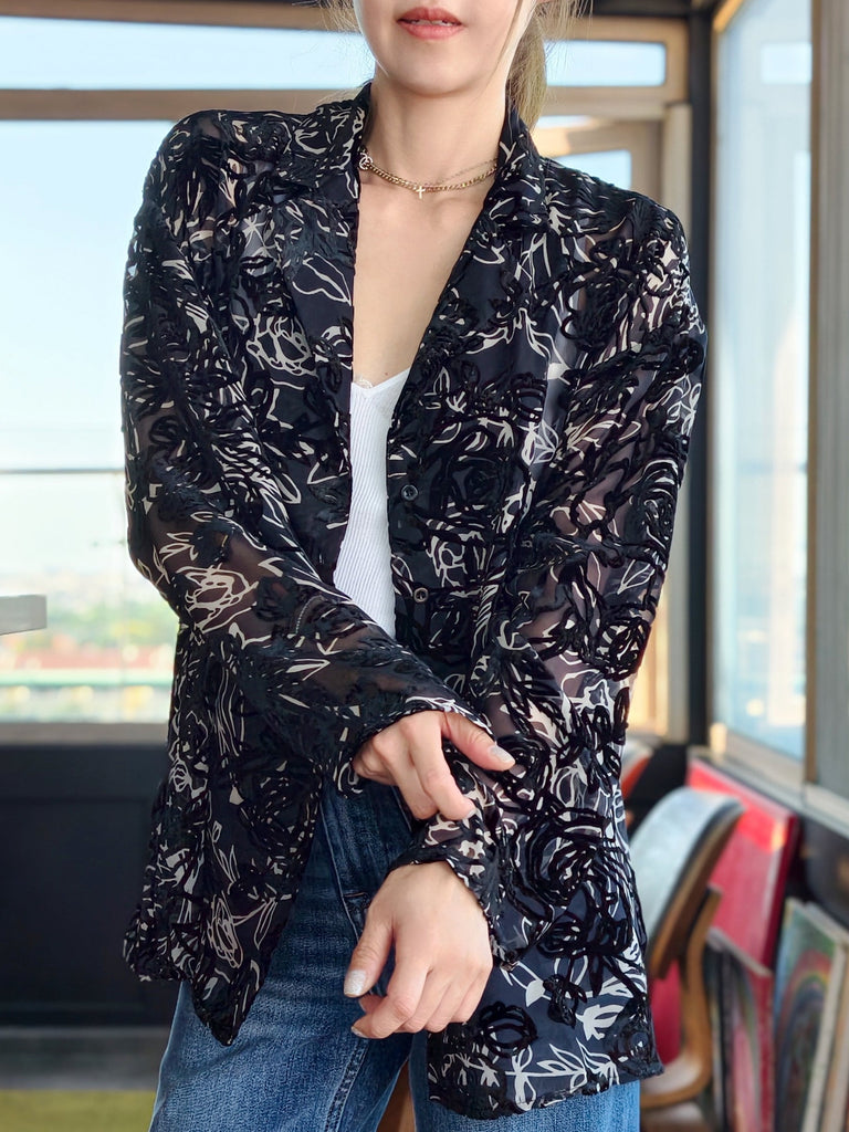 Black Floral Burnout Mesh Ruffle Collar Shirt Jacket