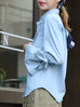 Blue Bow-Tie Sleeve Asymmetric Flap Button Front Shirt