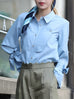 Blue Bow-Tie Sleeve Asymmetric Flap Button Front Shirt