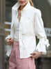 White Bow-Tie Sleeve Asymmetric Flap Button Front Shirt