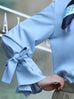 Blue Bow-Tie Sleeve Asymmetric Flap Button Front Shirt