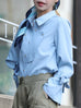 Blue Bow-Tie Sleeve Asymmetric Flap Button Front Shirt