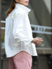White Bow-Tie Sleeve Asymmetric Flap Button Front Shirt