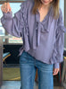 Misty Purple Ruffle Trim Silk Cape Tie-neck Blouse