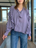 Misty Purple Ruffle Trim Silk Cape Tie-neck Blouse