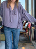 Misty Purple Ruffle Trim Silk Cape Tie-neck Blouse