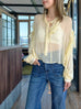 Soft Lemon Ruffle Trim Silk Cape Tie-neck Blouse