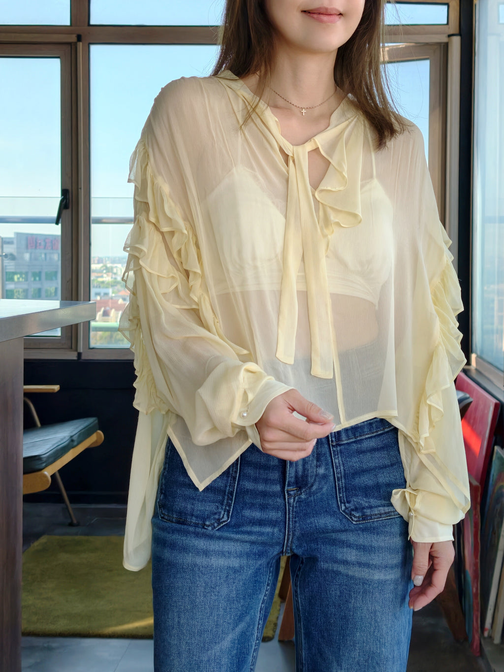 Soft Lemon Ruffle Trim Silk Cape Tie-neck Blouse