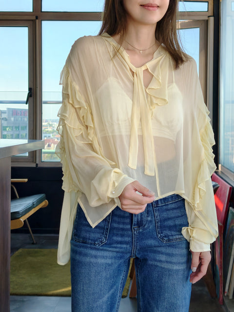 Soft Lemon Ruffle Trim Silk Cape Tie-neck Blouse
