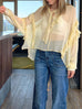 Soft Lemon Ruffle Trim Silk Cape Tie-neck Blouse