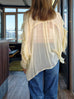 Soft Lemon Ruffle Trim Silk Cape Tie-neck Blouse