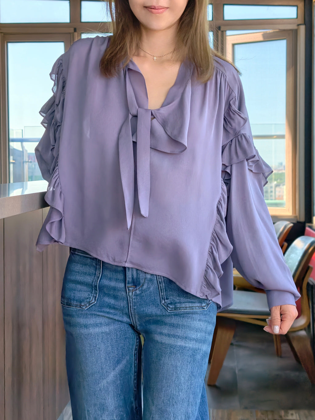 Misty Purple Ruffle Trim Silk Cape Tie-neck Blouse