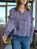 Misty Purple Ruffle Trim Silk Cape Tie-neck Blouse