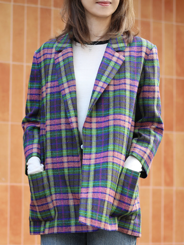 Pastel Tartan Quarter Sleeve Open Front Unlined Blazer
