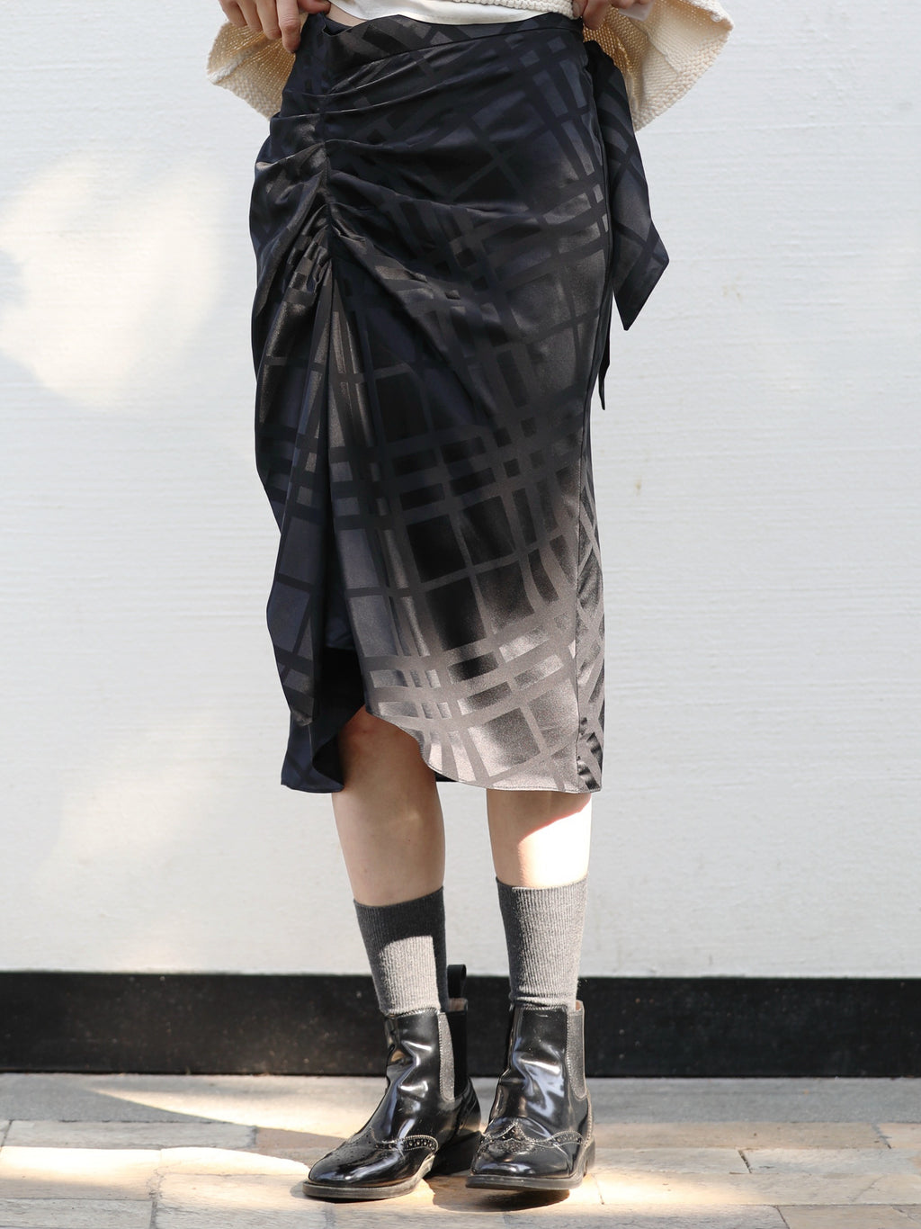 Black Silky Tonal Check Ruffle Hem Wrap Midi Skirt