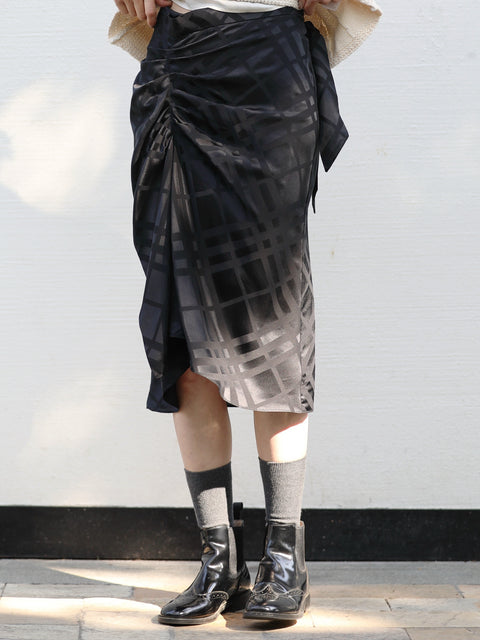 Black Silky Tonal Check Ruffle Hem Wrap Midi Skirt