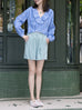 Blue Check Ruffle Collar Balloon Sleeve Wrappy Crop Blouse