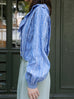 Blue Check Ruffle Collar Balloon Sleeve Wrappy Crop Blouse