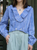 Blue Check Ruffle Collar Balloon Sleeve Wrappy Crop Blouse