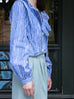 Blue Check Ruffle Collar Balloon Sleeve Wrappy Crop Blouse