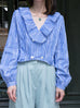 Blue Check Ruffle Collar Balloon Sleeve Wrappy Crop Blouse