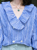 Blue Check Ruffle Collar Balloon Sleeve Wrappy Crop Blouse
