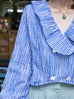 Blue Check Ruffle Collar Balloon Sleeve Wrappy Crop Blouse