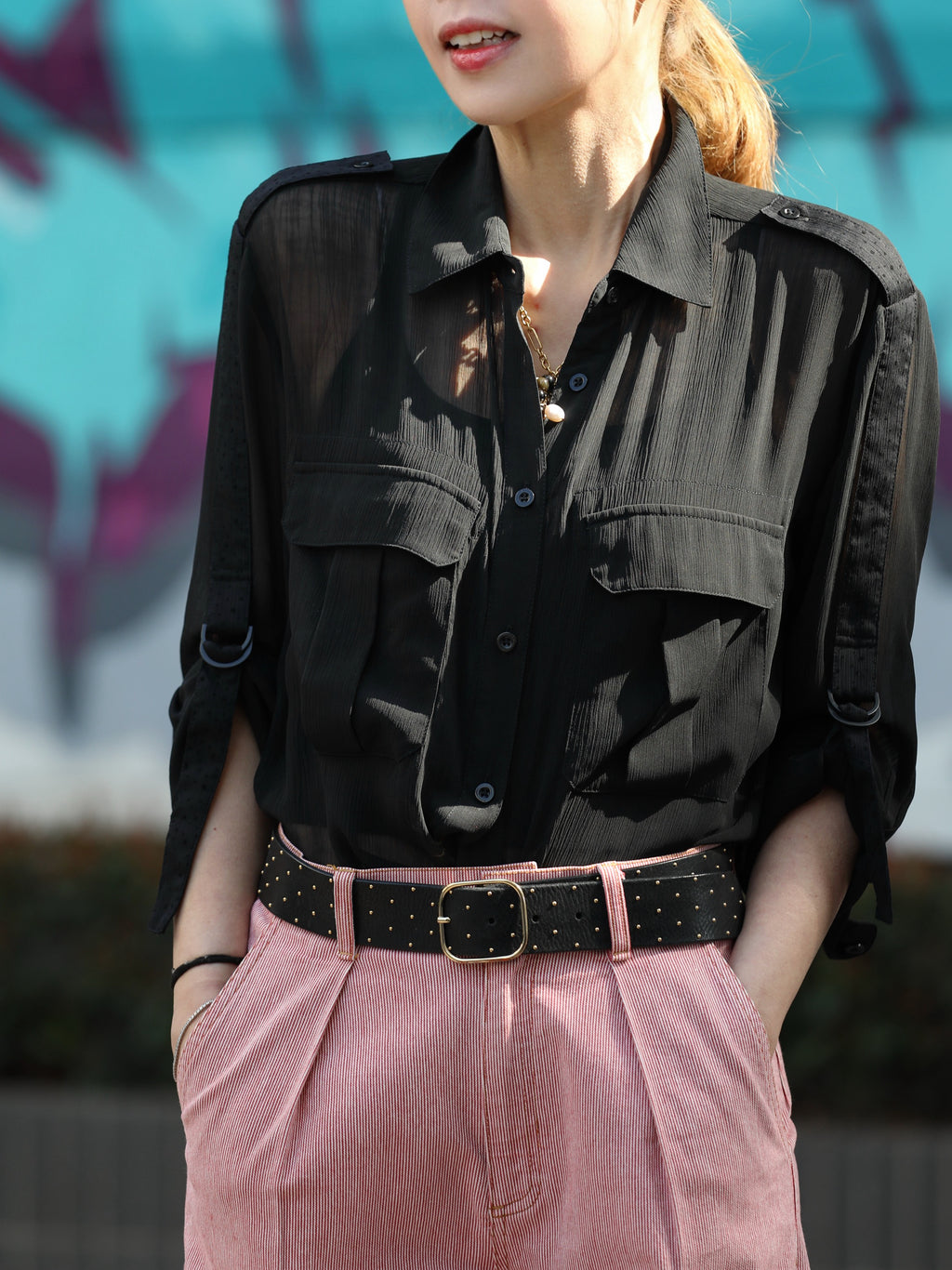 Final Sale! Black Sheer Chiffon Utility Pocket Roll-Tab Sleeve Shirt