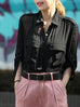 Final Sale! Black Sheer Chiffon Utility Pocket Roll-Tab Sleeve Shirt