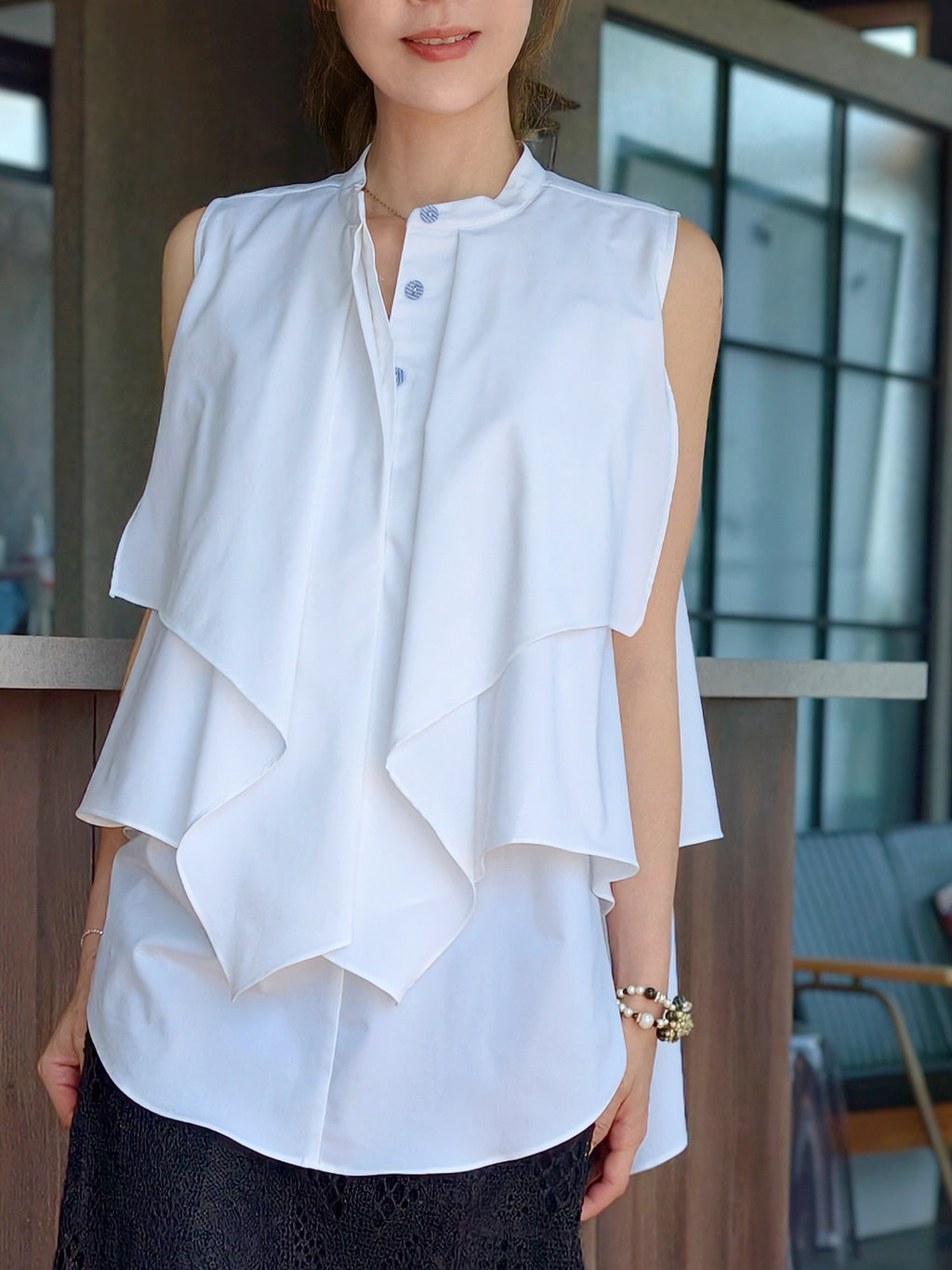 White Pure Cotton Cascading Ruffle Sleeveless Longline Blouse
