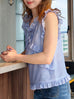 Blue Stripes Flutter Ruffles Sleeveless Drape Cotton Top
